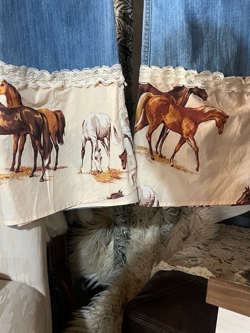 Upcycled Light Blue Flare Jeans with Horse Patch & Lace Trim - Picture 6 of 11